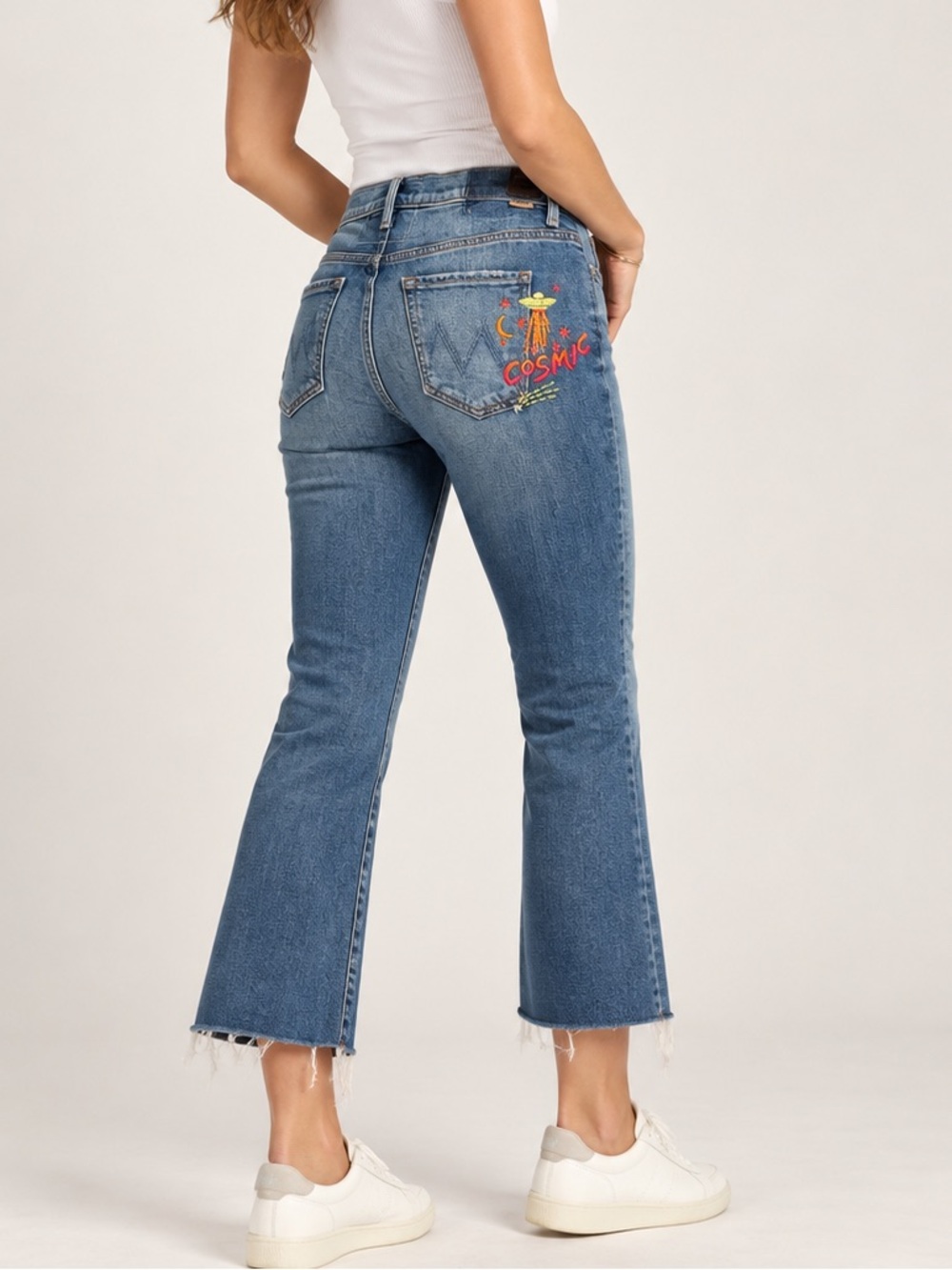 MOTHER Medium Blue Cropped Flare Jeans with Embroidered Back Pocket